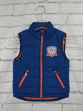 DKNY Boys Zip Up Hi-Neck Sleeveless Quilted Puffer Vest/Jacket in Blue/Orange